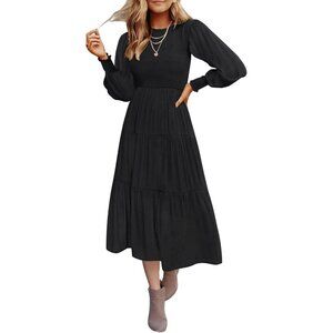 ZESICA Women's Long Sleeve Smocked High Waist Tiered Midi Dress Small Black